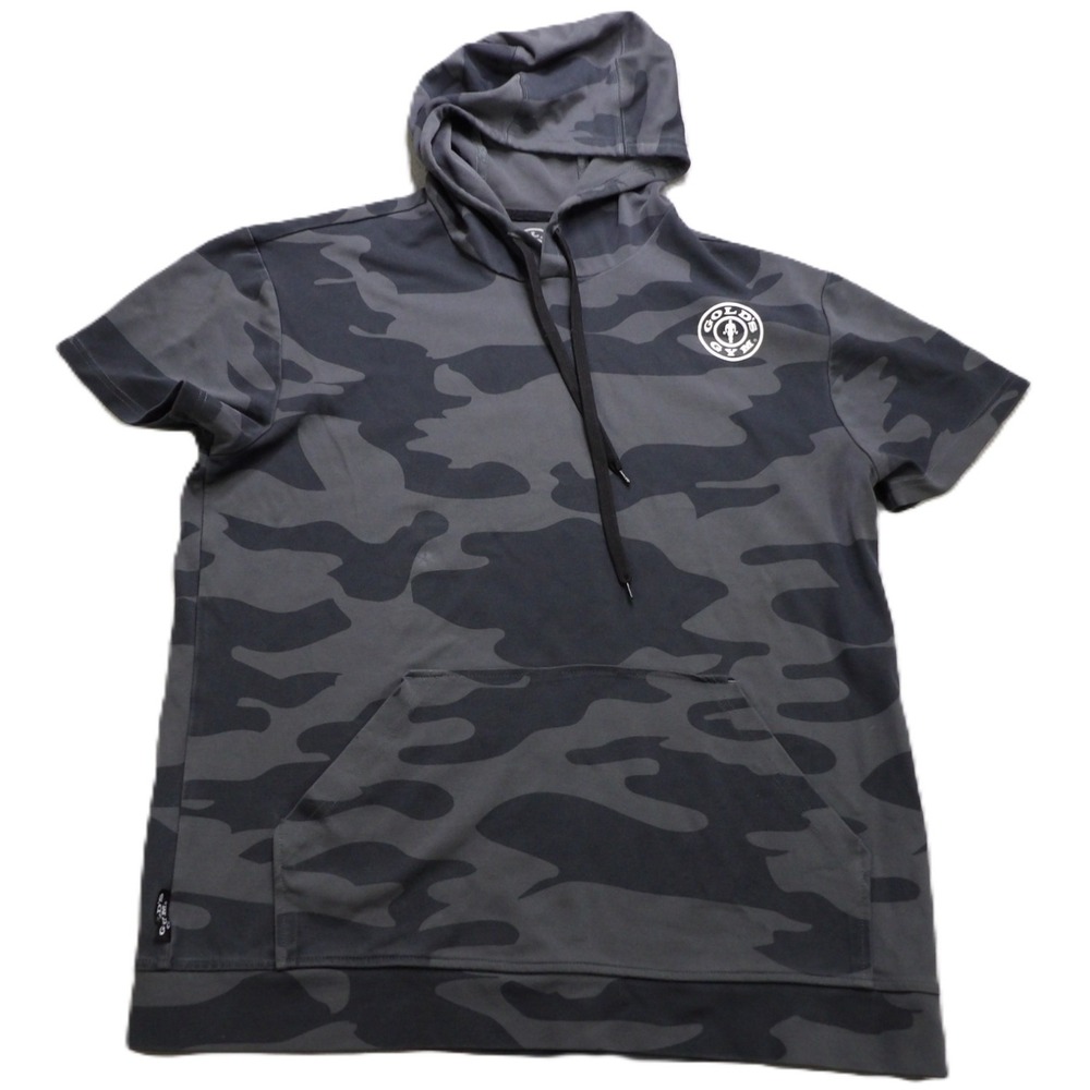 Golds Gym Advance Camo Hoodie Men M Gray Short Sleeve Pullover Gym Top Flaw 1965